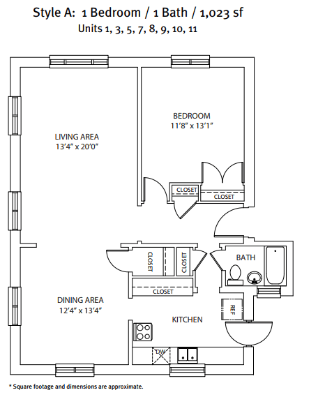 Floor plan for 1 bed, 1 bath, 1023 sqft